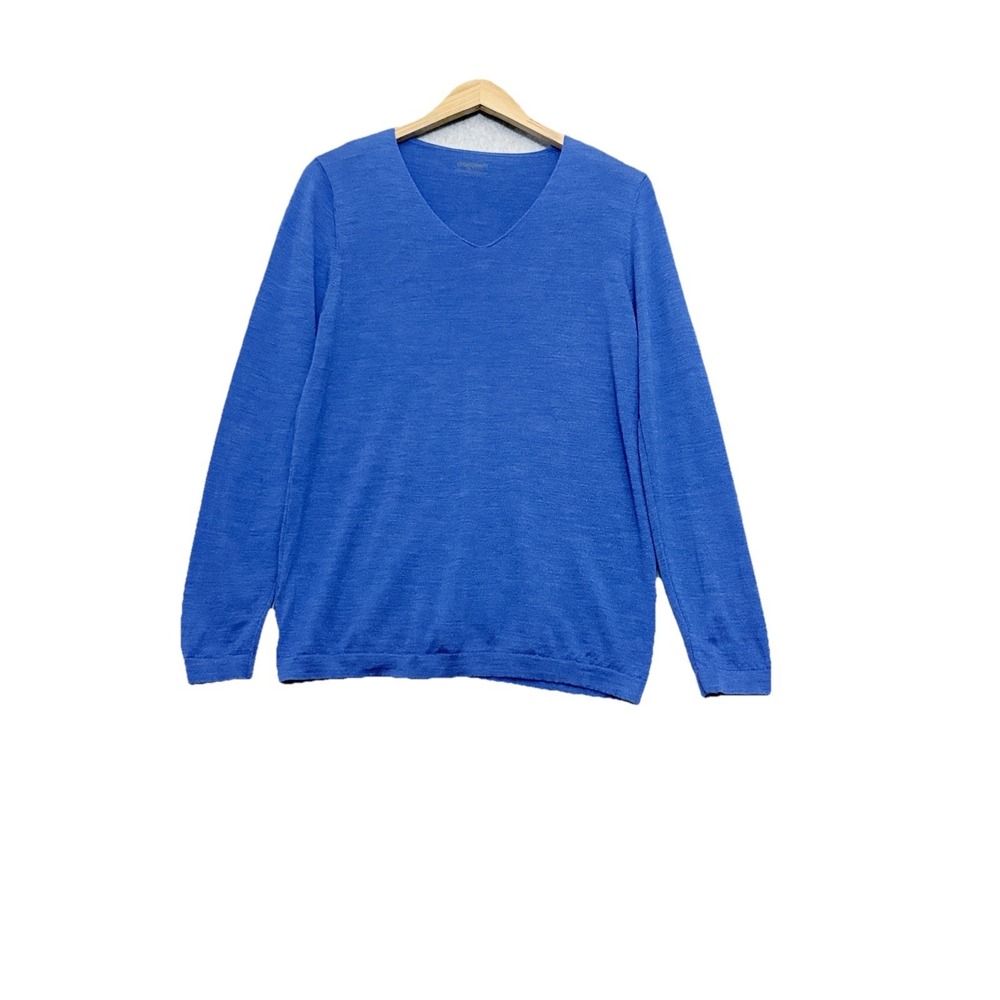 Chanyarn Merino‎ Wool Sweater Women's Large Blue Minimalist Lightweight V Neck